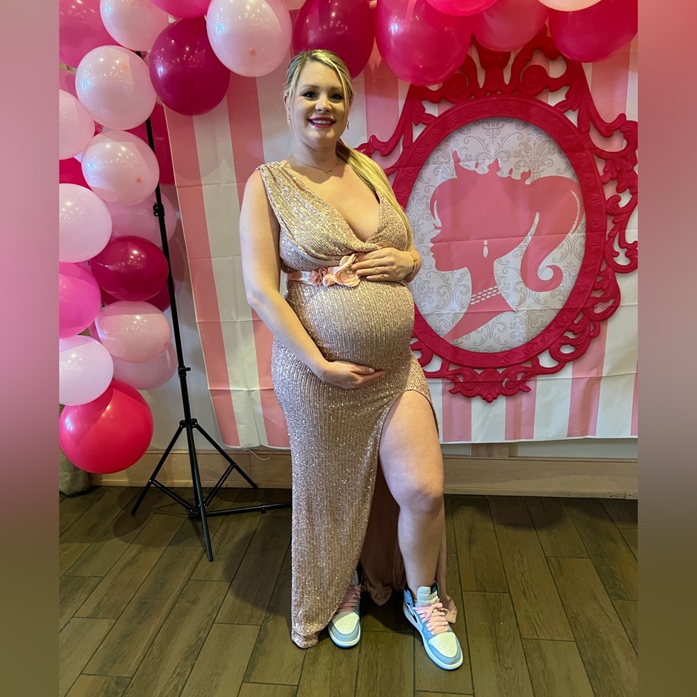 Kyra sequin pink maternity gown chic bump club